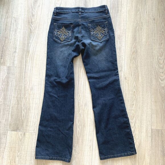Reba Embellished Studded Embroidered Denim Blue Jeans Flared Womens Sz 8 - Picture 1 of 12